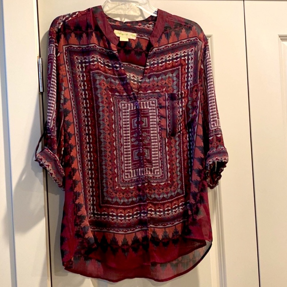 URBAN OUTFITTERS SHEER AZTEC BUTTON TOP